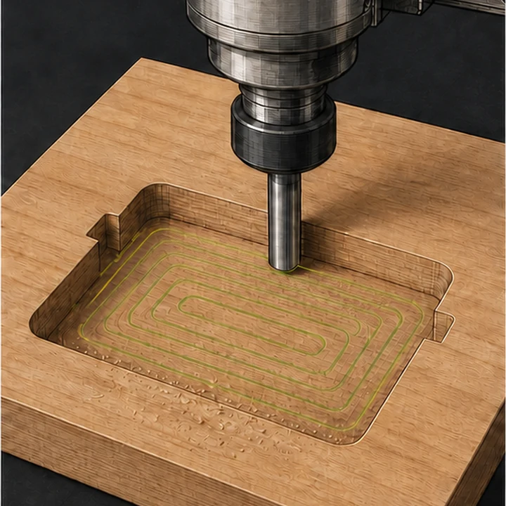 Router CNC mecanizando rebajes y cavidades en una pieza de madera