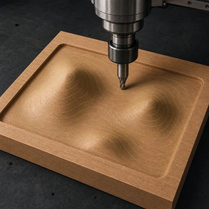 Router CNC tallando un relieve tridimensional con trayectorias topográficas
